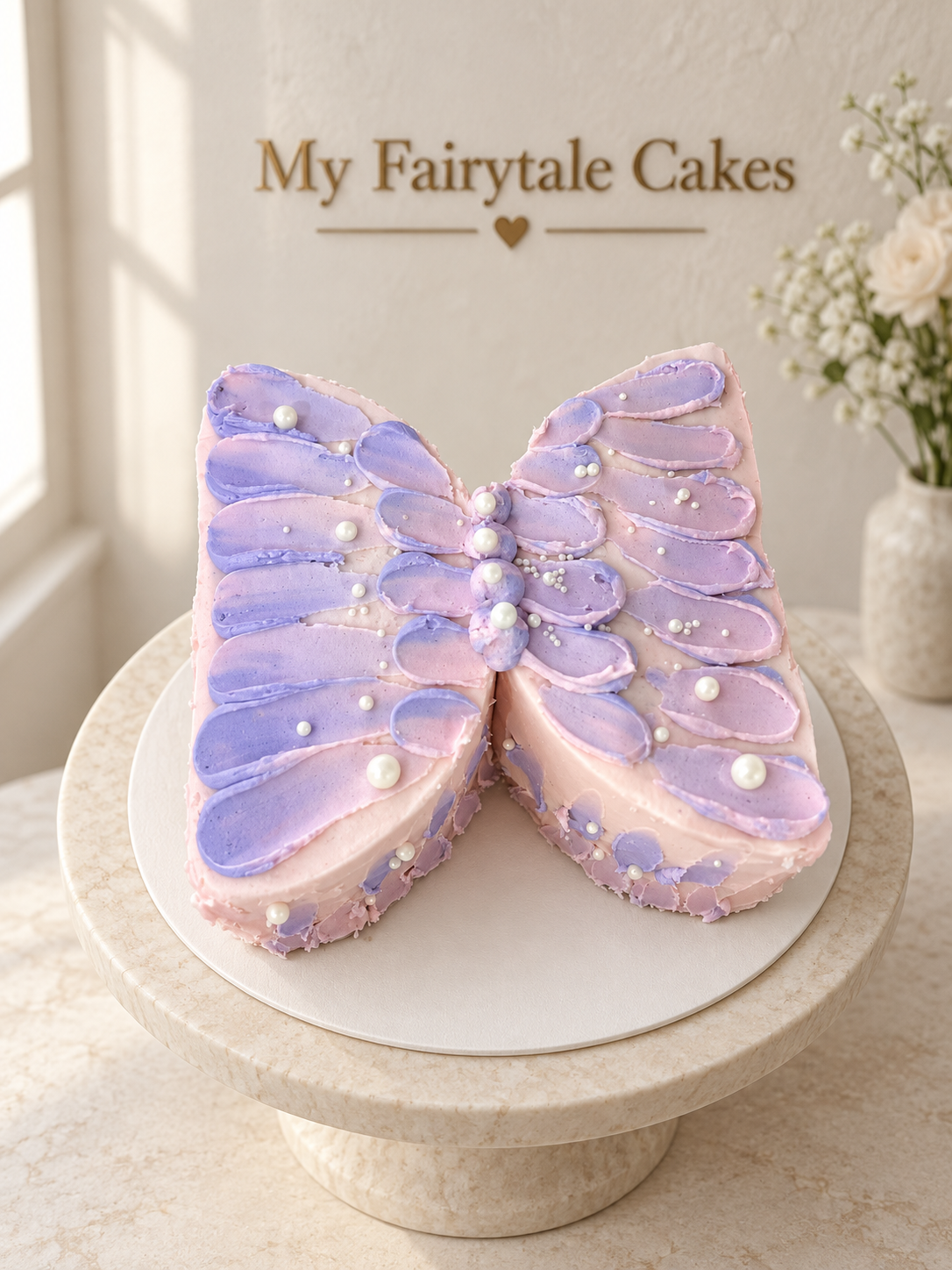 Pink and lilac butterfly-shaped birthday cake
