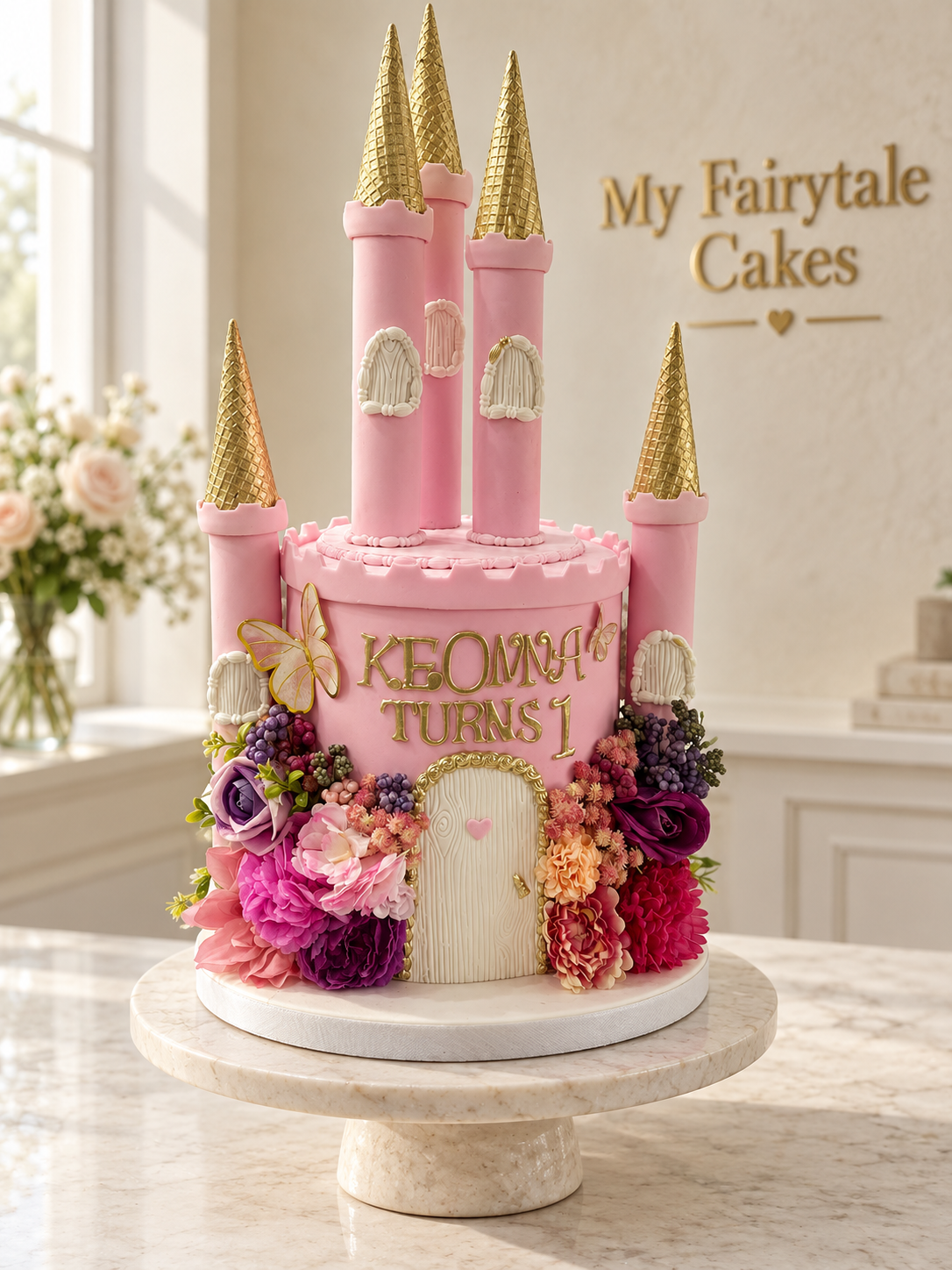 Pink princess castle birthday cake in an enchanted My Fairytale Cakes setting