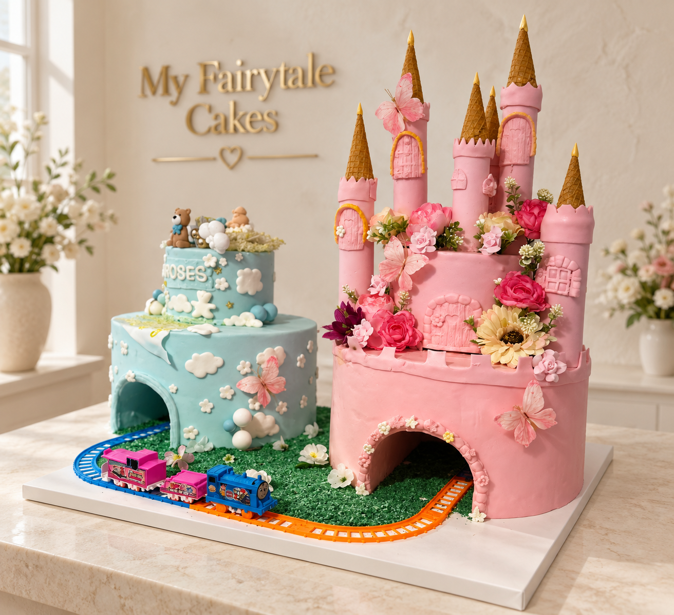 Pink princess castle and blue train birthday cake display