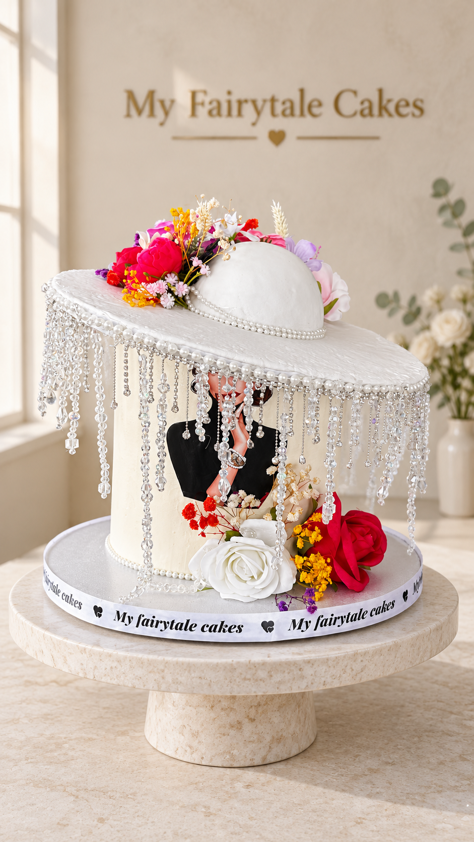 Luxury Lady and the Hat birthday cake with crystal fringe