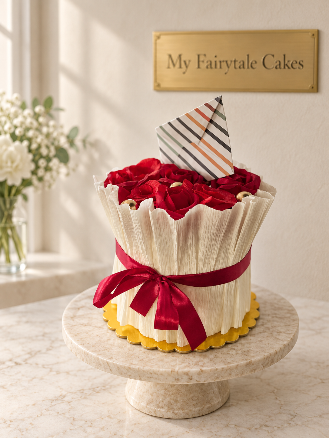 Rose bouquet surprise birthday cake with red ribbon