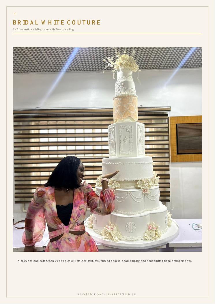 Tall white floral wedding cake designed by Bella