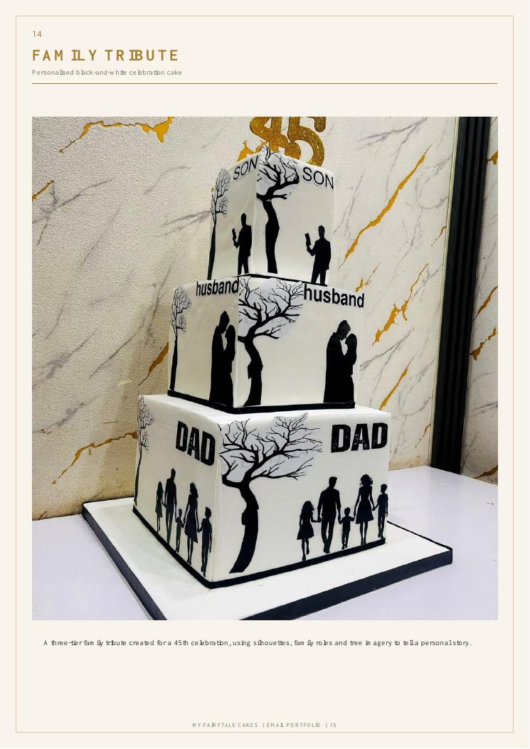 Black and white family tribute cake