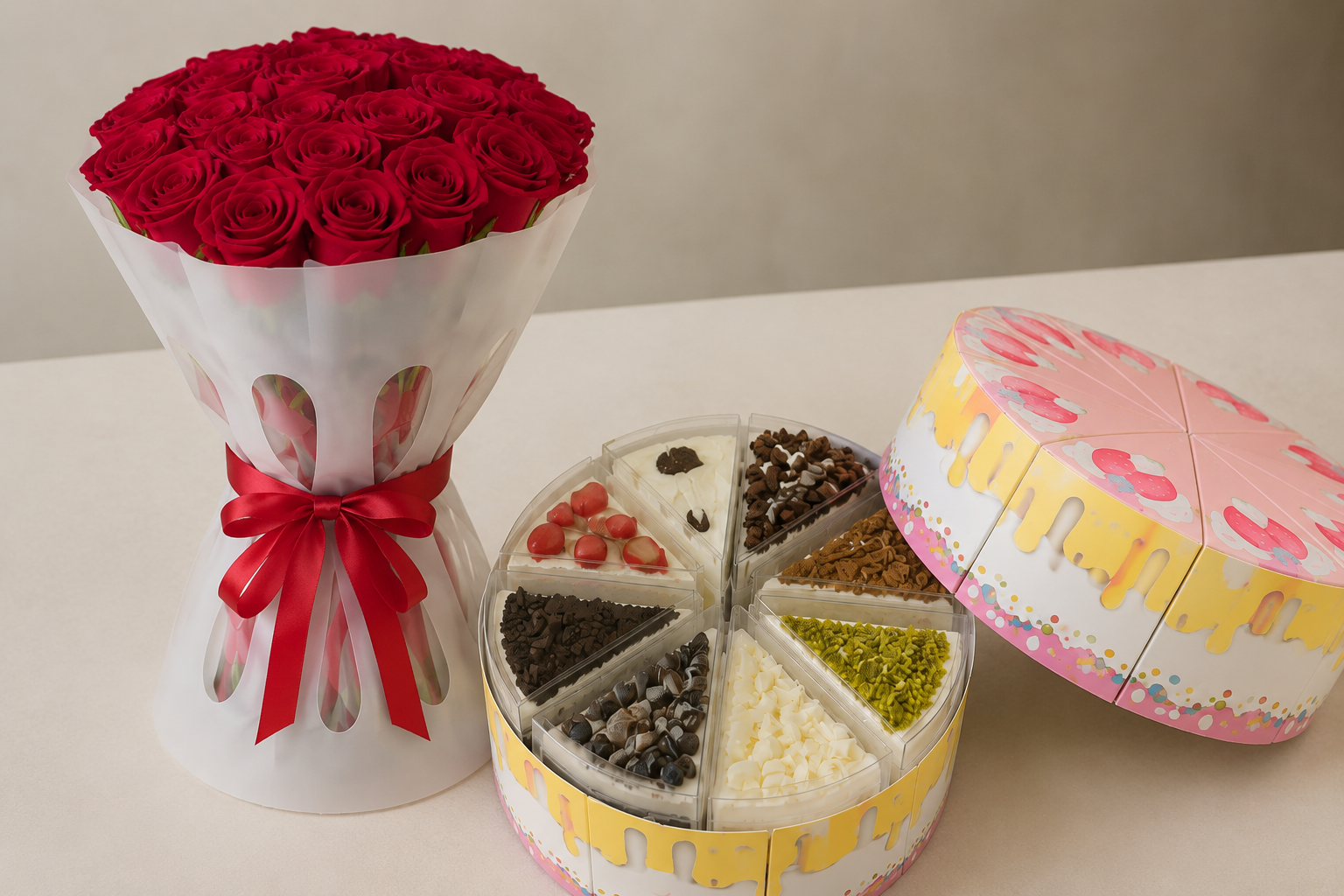 Decorated cake slice gift box