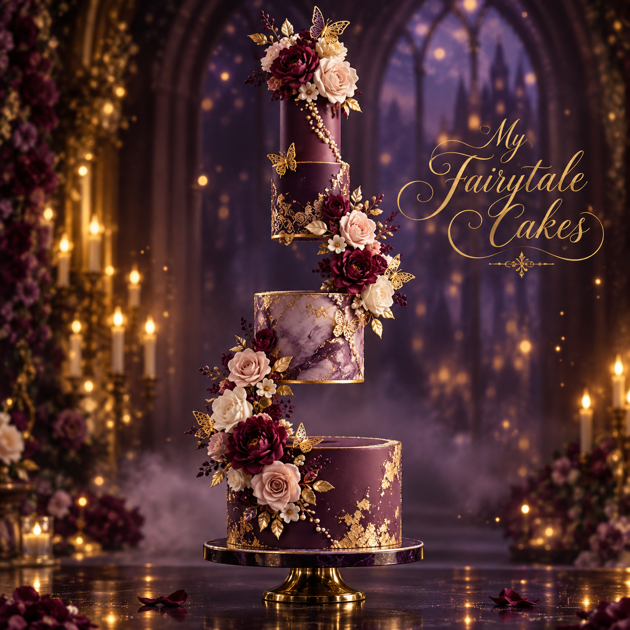 Plum, blush and antique-gold floating couture wedding cake